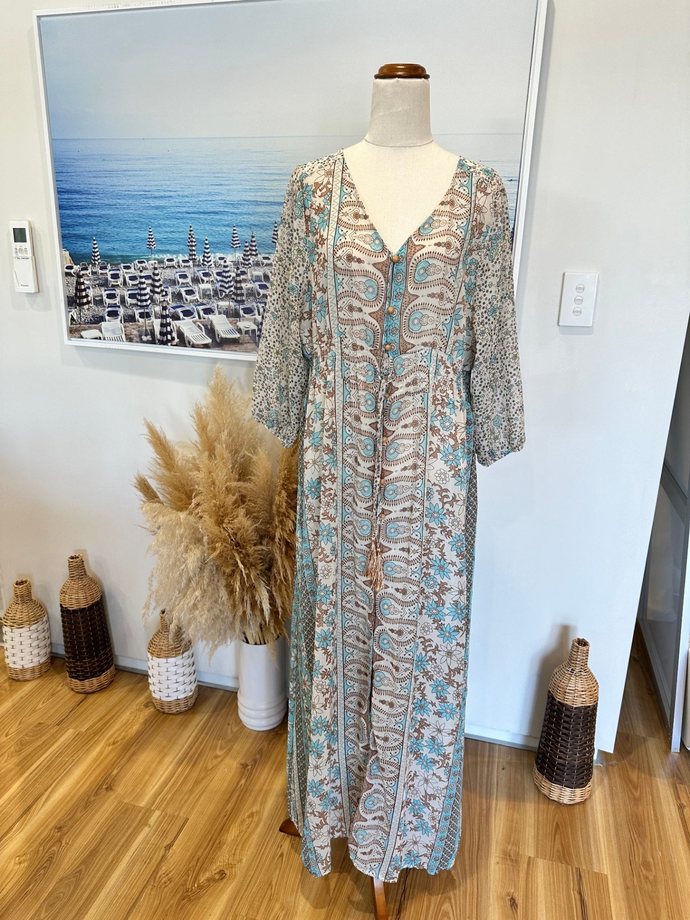 Bohemian Maxi Dress - Large / Extra Large - Beige with blue, brown, and black floral and paisley print