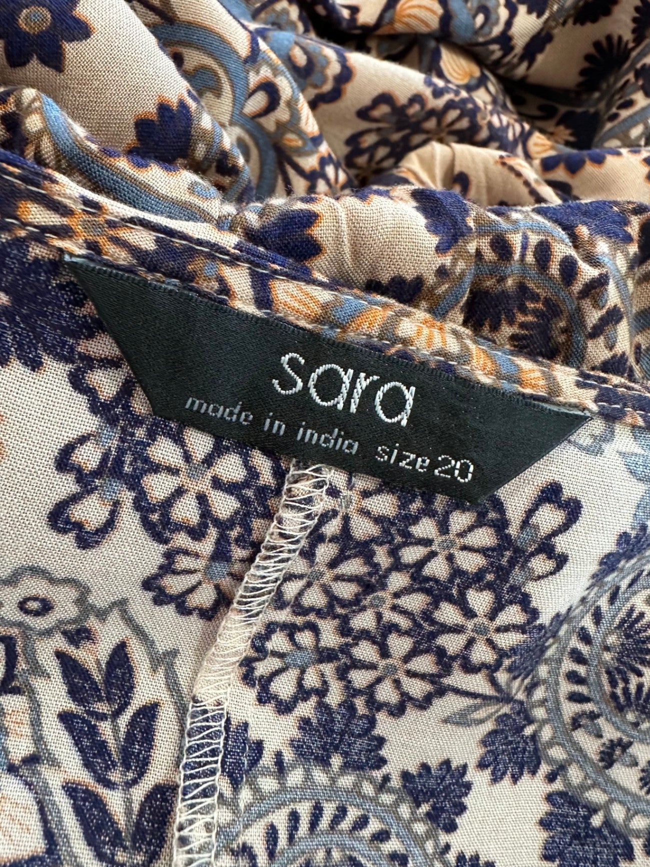 Sara - Bohemian Dress - Size 20 - Beige with navy and rust patterns