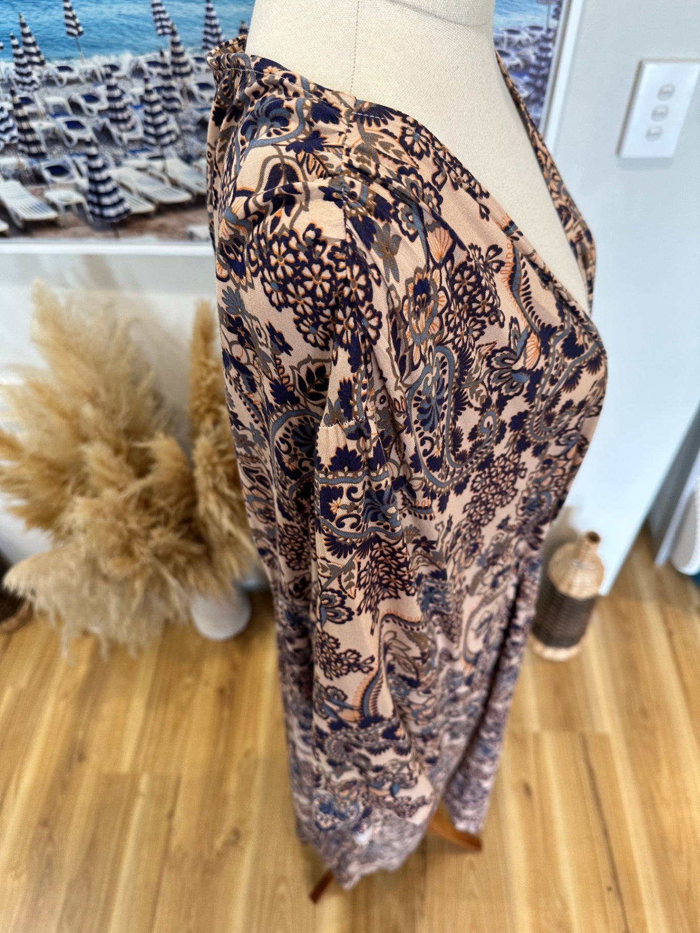 Sara - Bohemian Dress - Size 20 - Beige with navy and rust patterns