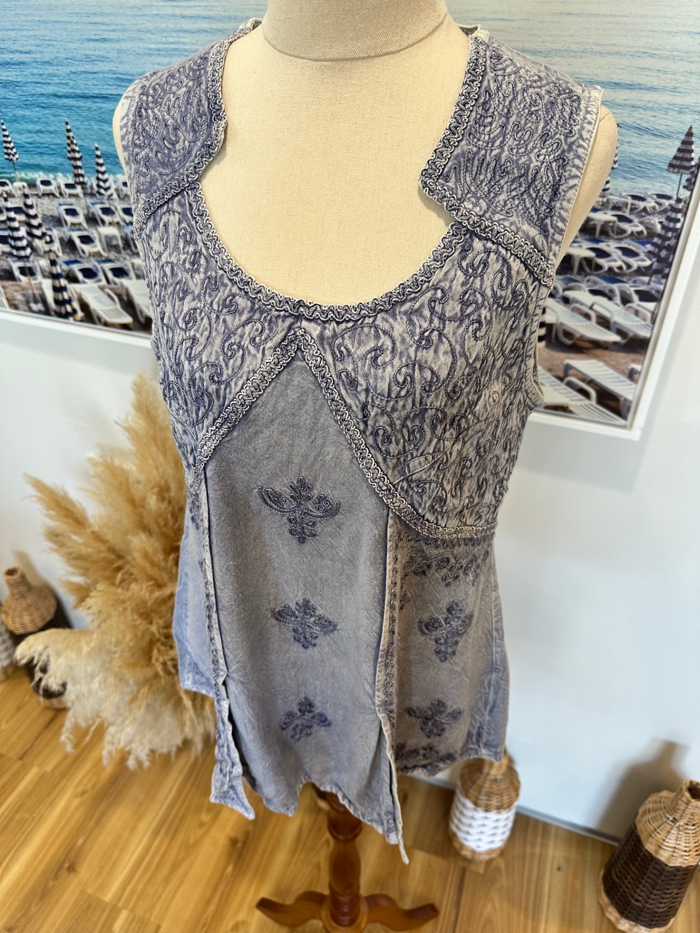 Bohemian Blouse - Medium / Large - Pale Blue w Embroidery