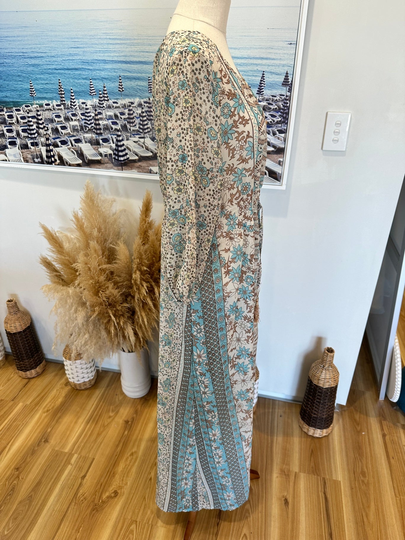 Bohemian Maxi Dress - Large / Extra Large - Beige with blue, brown, and black floral and paisley print