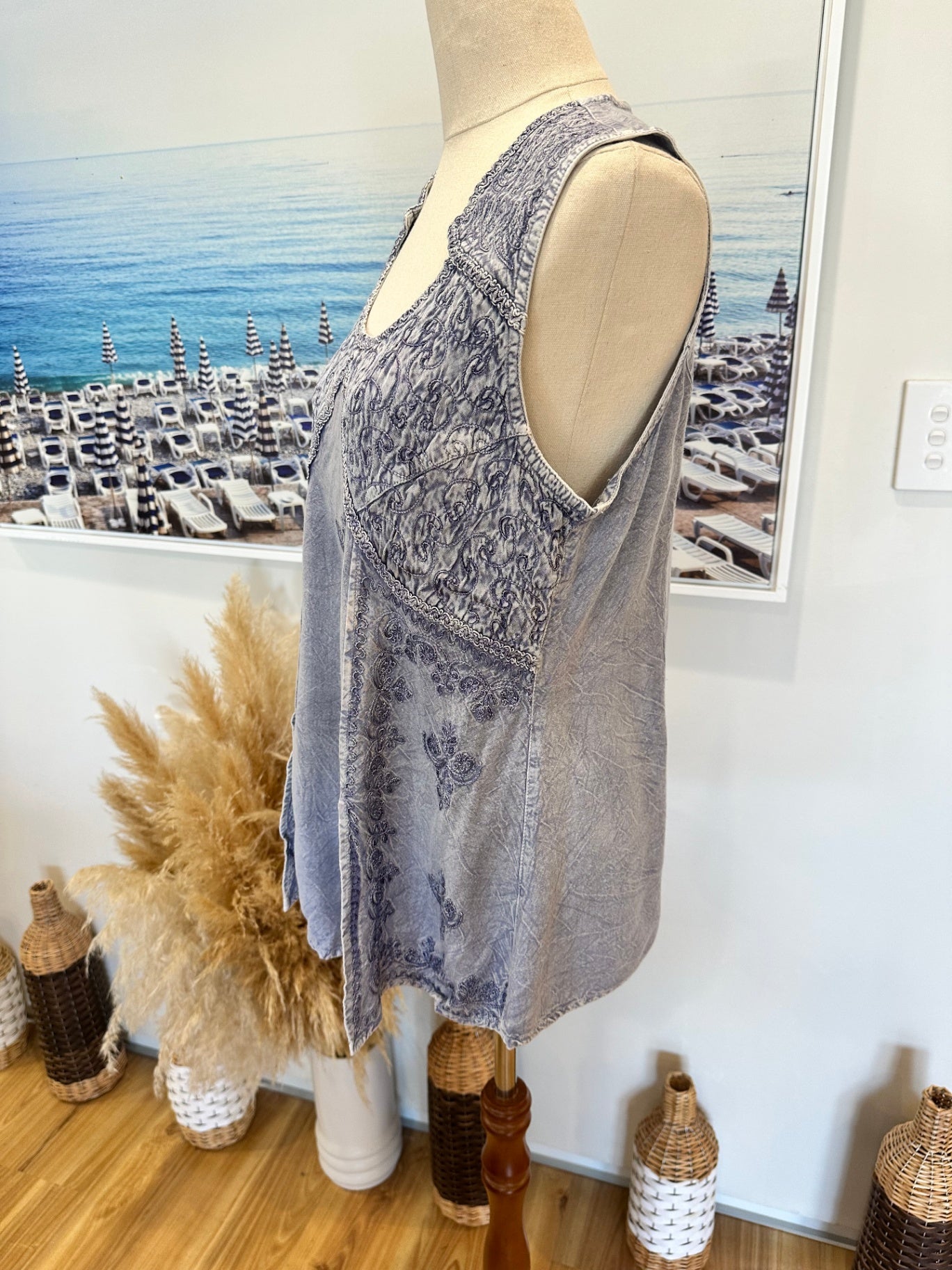 Bohemian Blouse - Medium / Large - Pale Blue w Embroidery