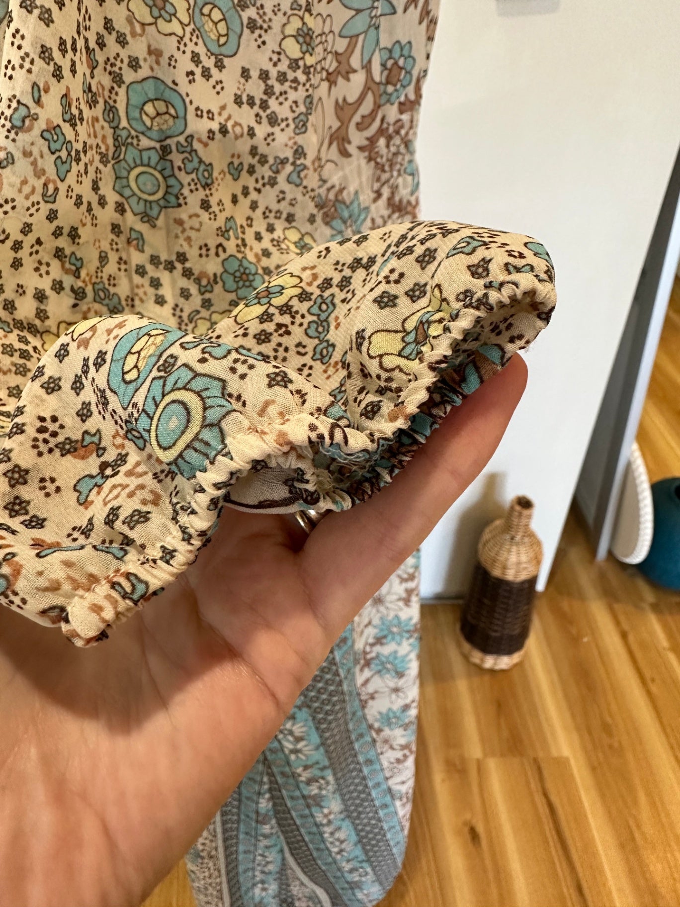 Bohemian Maxi Dress - Large / Extra Large - Beige with blue, brown, and black floral and paisley print