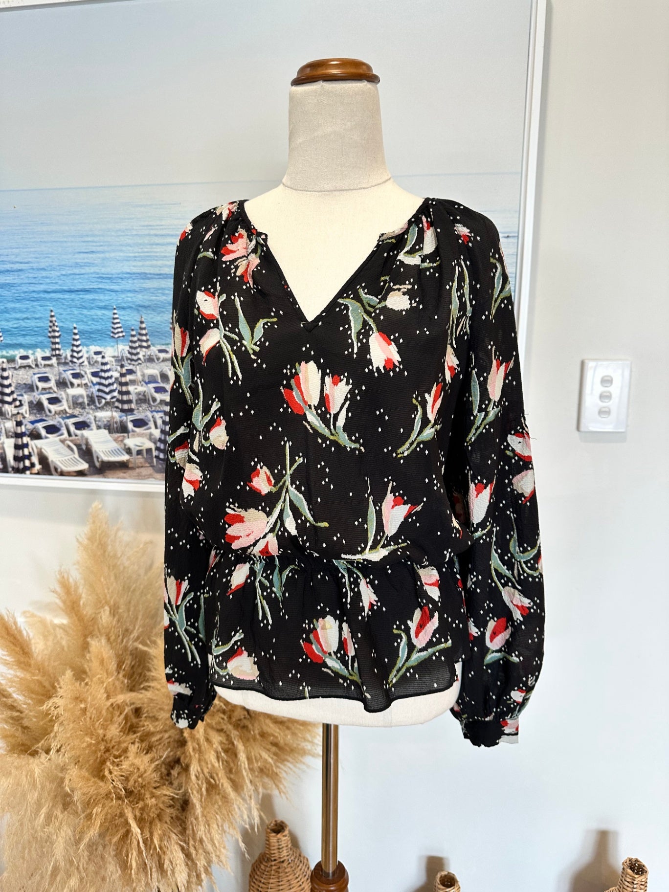 Rebecca Taylor Blouse - Size 6 - Black with multicolour floral print