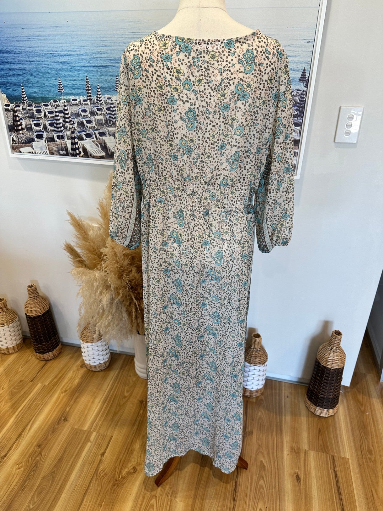 Bohemian Maxi Dress - Large / Extra Large - Beige with blue, brown, and black floral and paisley print