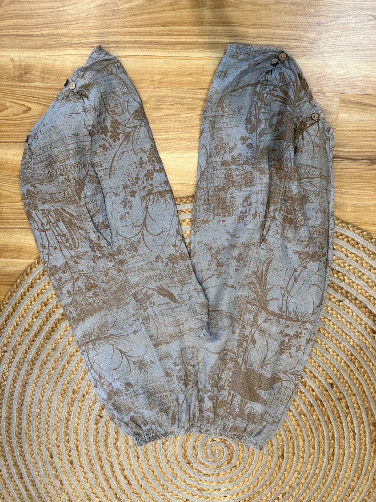 Linen Pants - Grey w Brown Print - Medium