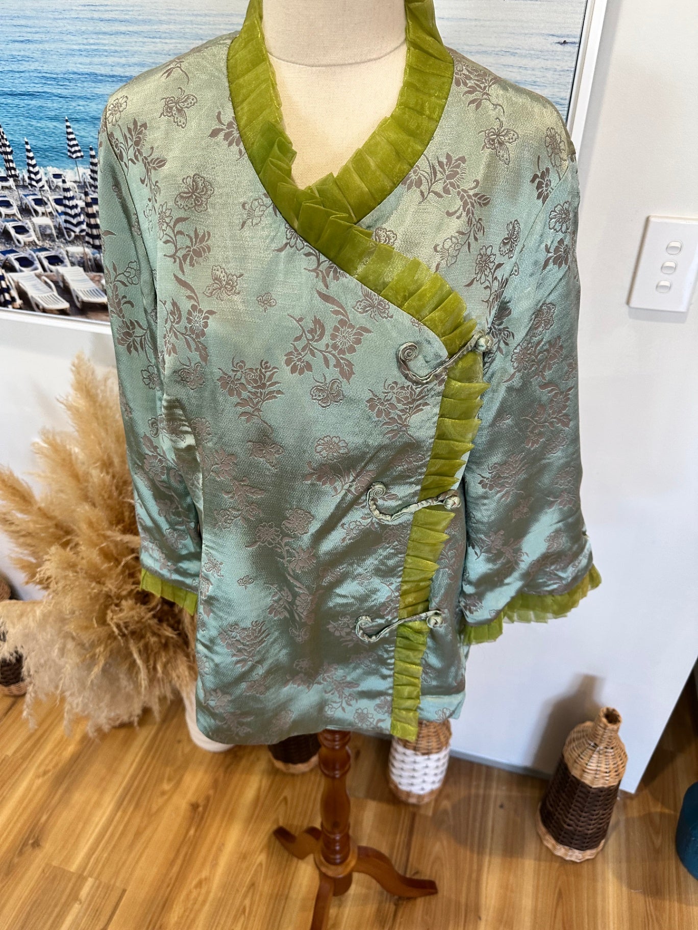 Asian Inspired Jacket - Large - Aqua w floral patterns