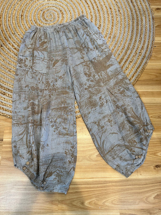 Linen Pants - Grey w Brown Print - Medium