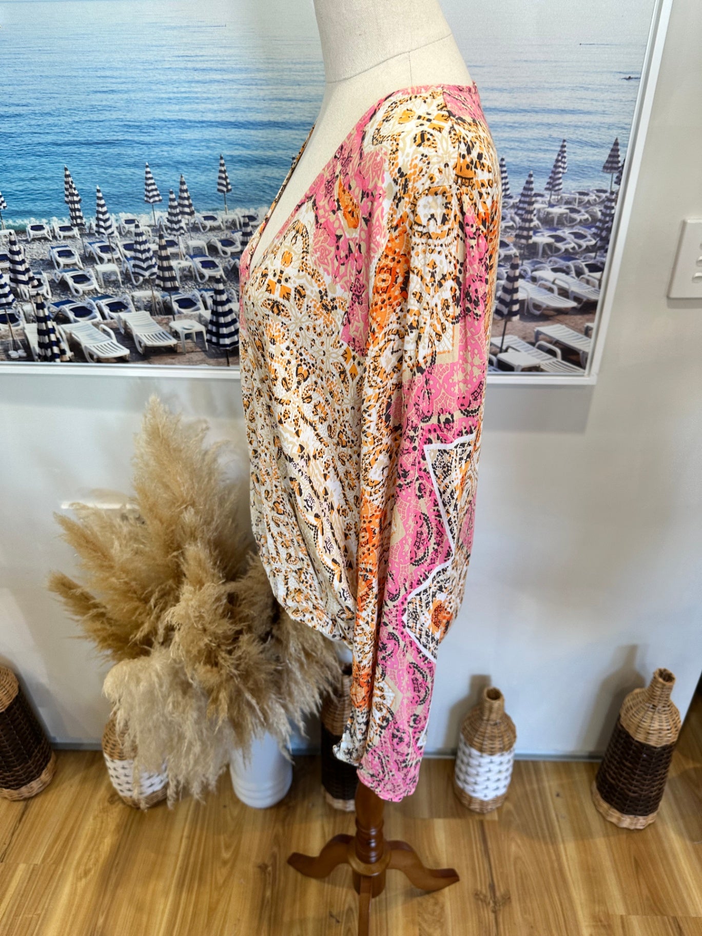 LoveStitch - Bohemian Blouse - Size Medium - Pink, orange, beige, and black patterns