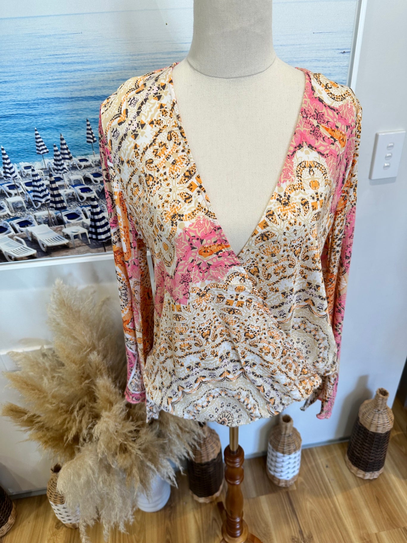 LoveStitch - Bohemian Blouse - Size Medium - Pink, orange, beige, and black patterns