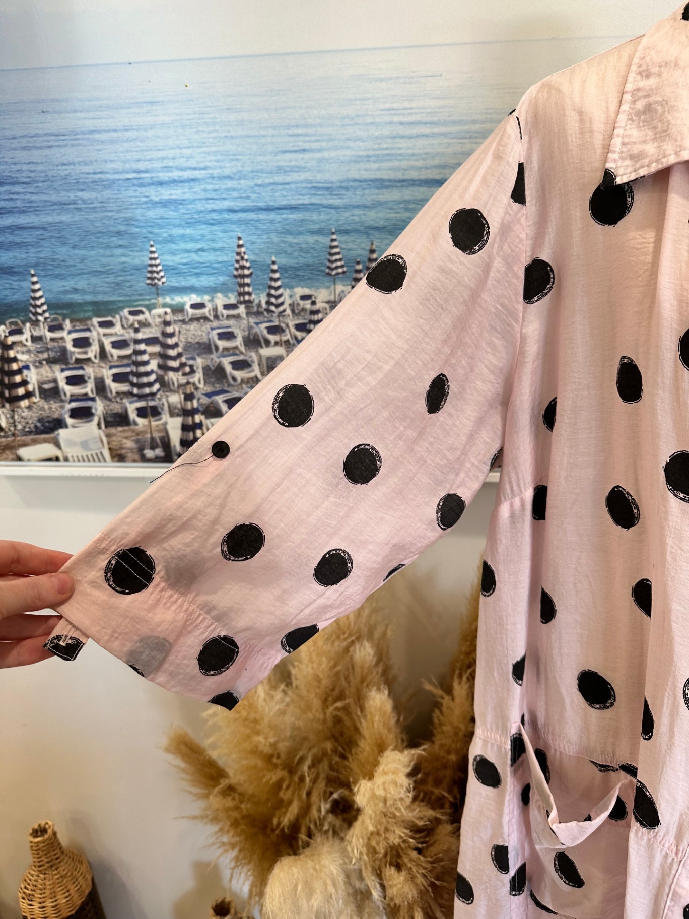 Longline Shirt / Duster Jacket - Medium / Large - Pink w Black dots