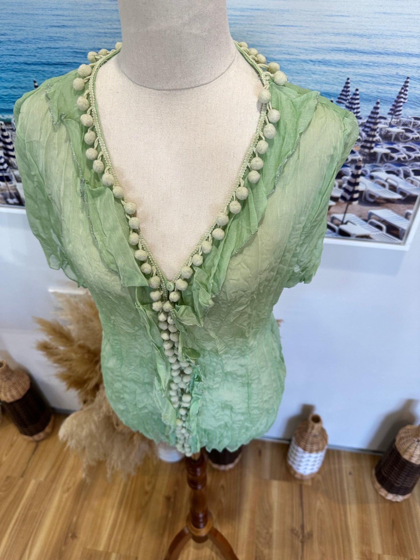 Pale Green w Pom Pom Top - Small / Medium 