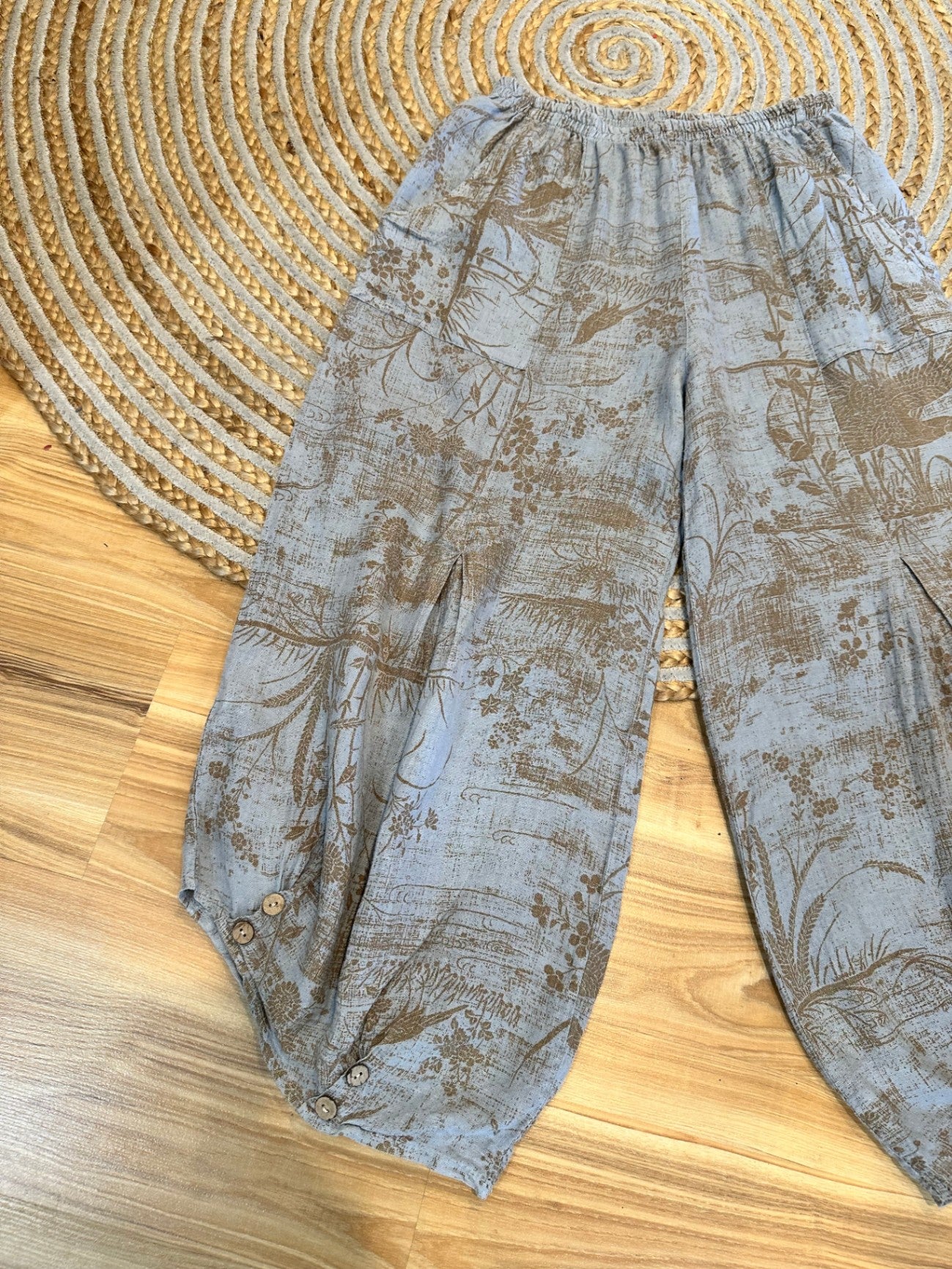 Linen Pants - Grey w Brown Print - Medium
