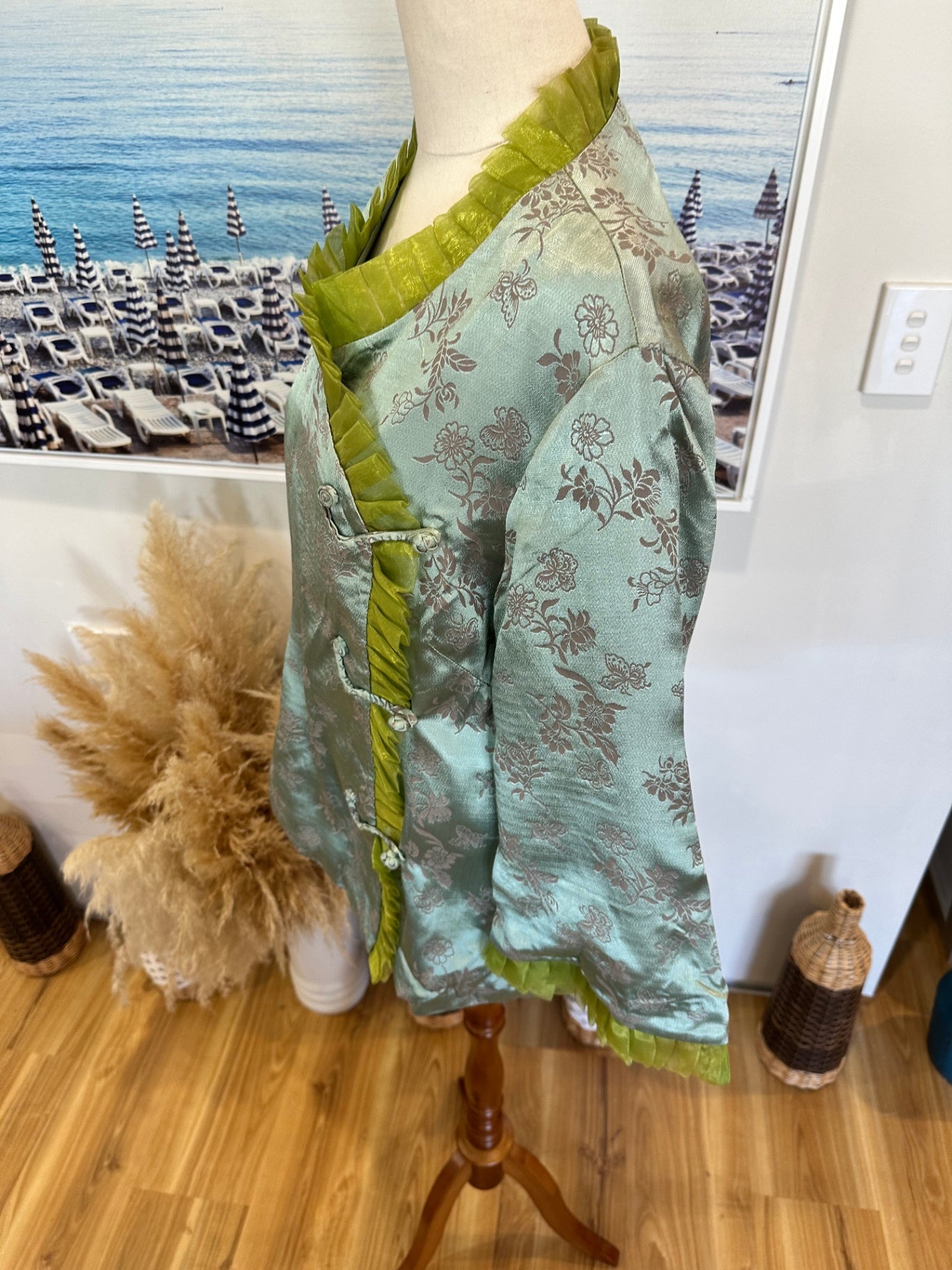 Asian Inspired Jacket - Large - Aqua w floral patterns