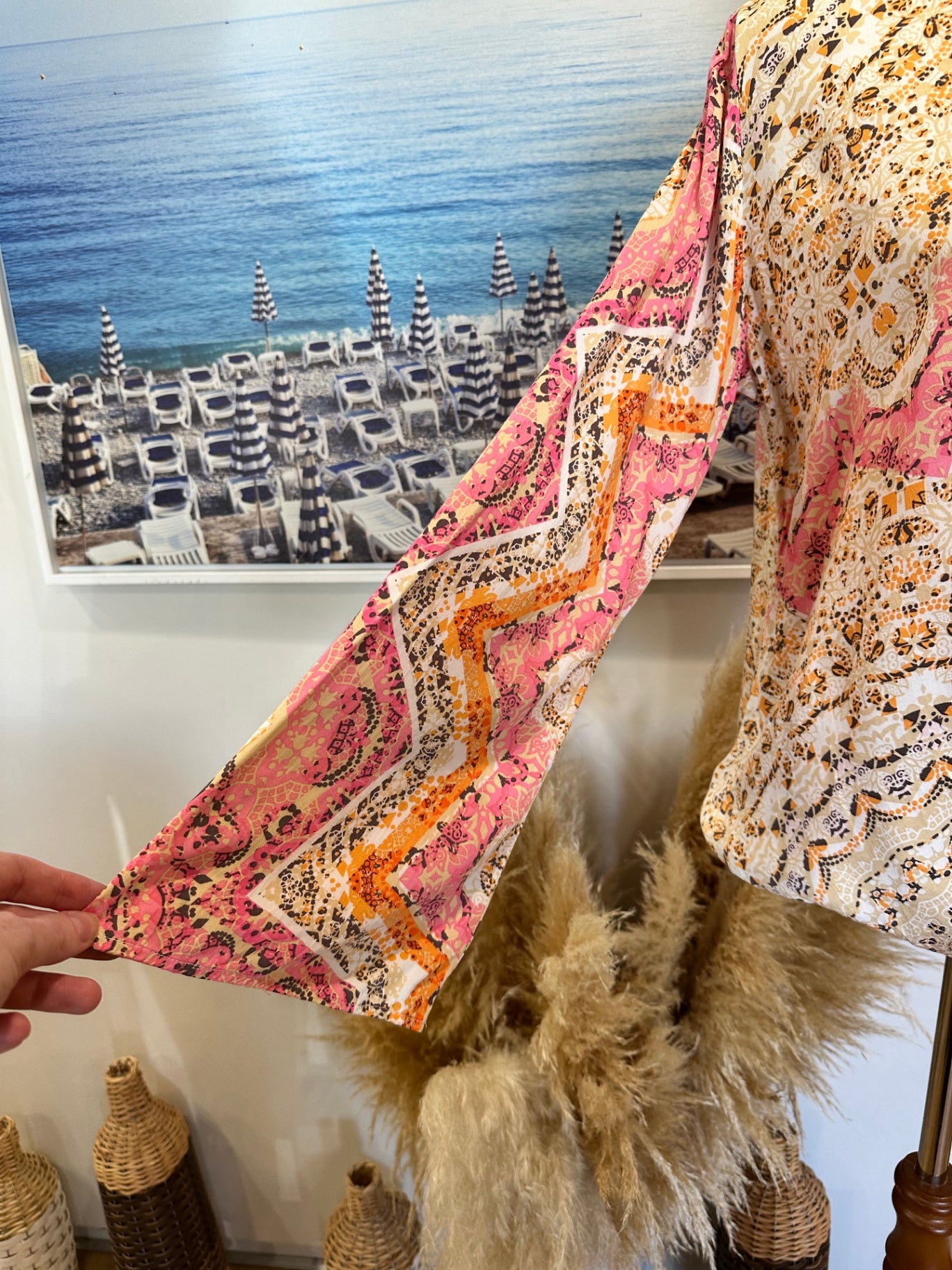 LoveStitch - Bohemian Blouse - Size Medium - Pink, orange, beige, and black patterns