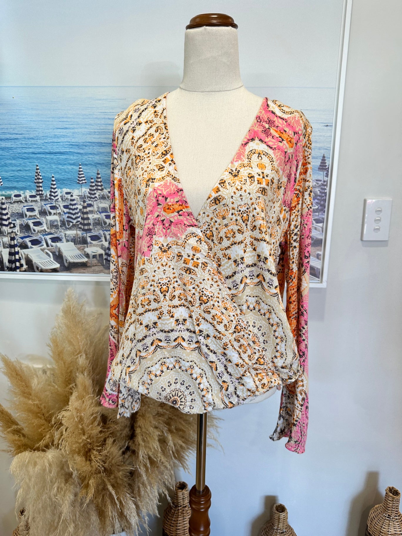 LoveStitch - Bohemian Blouse - Size Medium - Pink, orange, beige, and black patterns