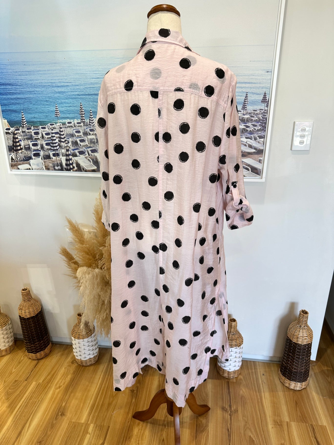 Longline Shirt / Duster Jacket - Medium / Large - Pink w Black dots