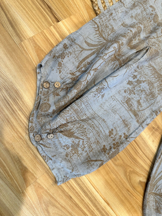 Linen Pants - Grey w Brown Print - Medium