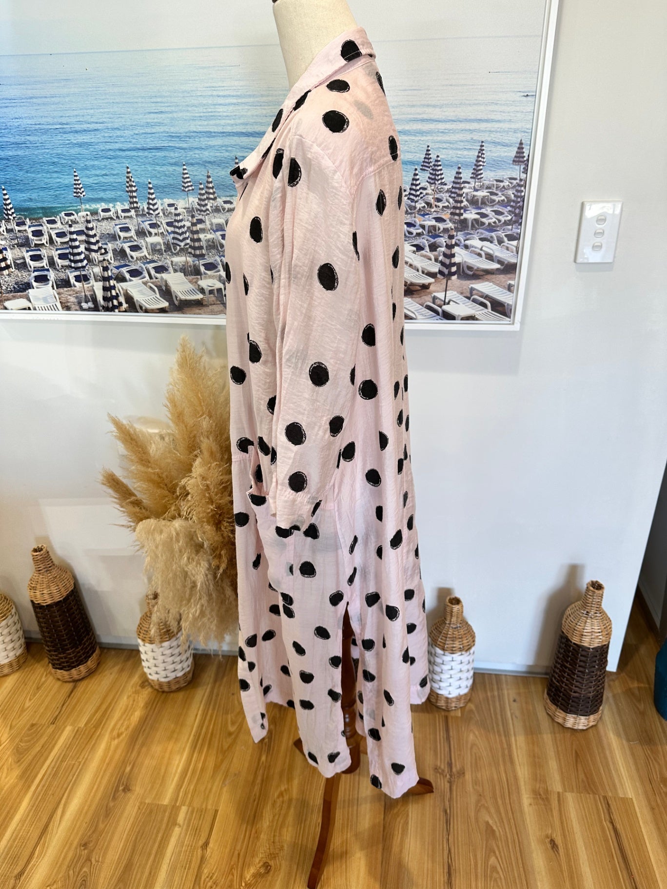 Longline Shirt / Duster Jacket - Medium / Large - Pink w Black dots