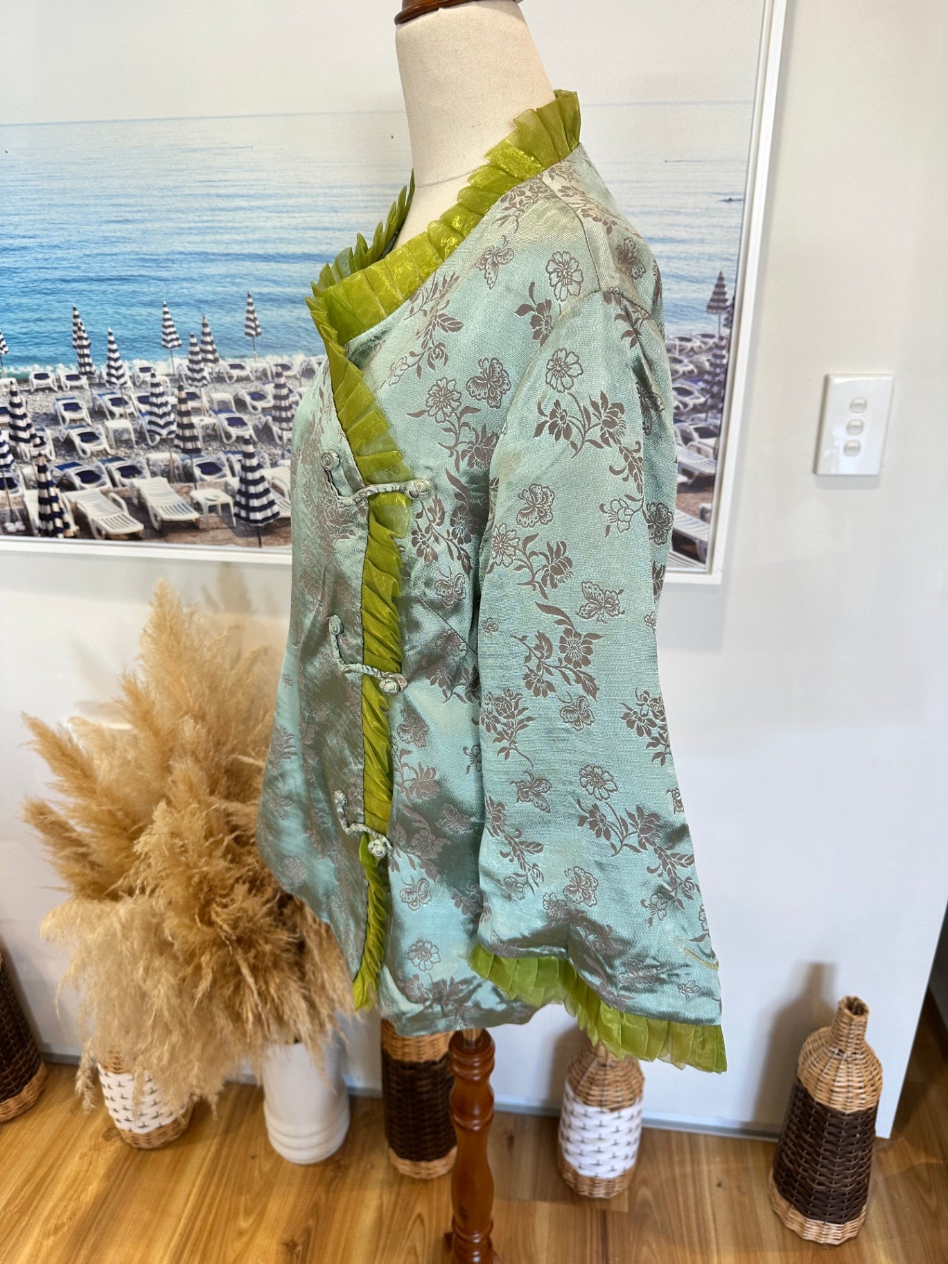 Asian Inspired Jacket - Large - Aqua w floral patterns