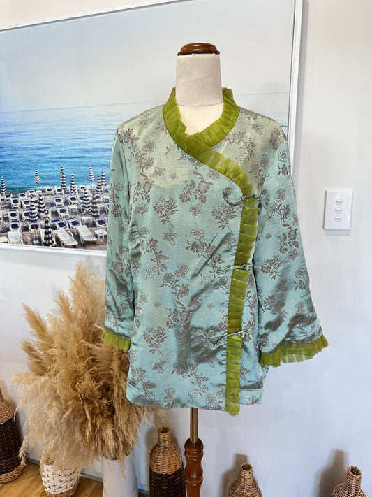 Asian Inspired Jacket - Large - Aqua w floral patterns