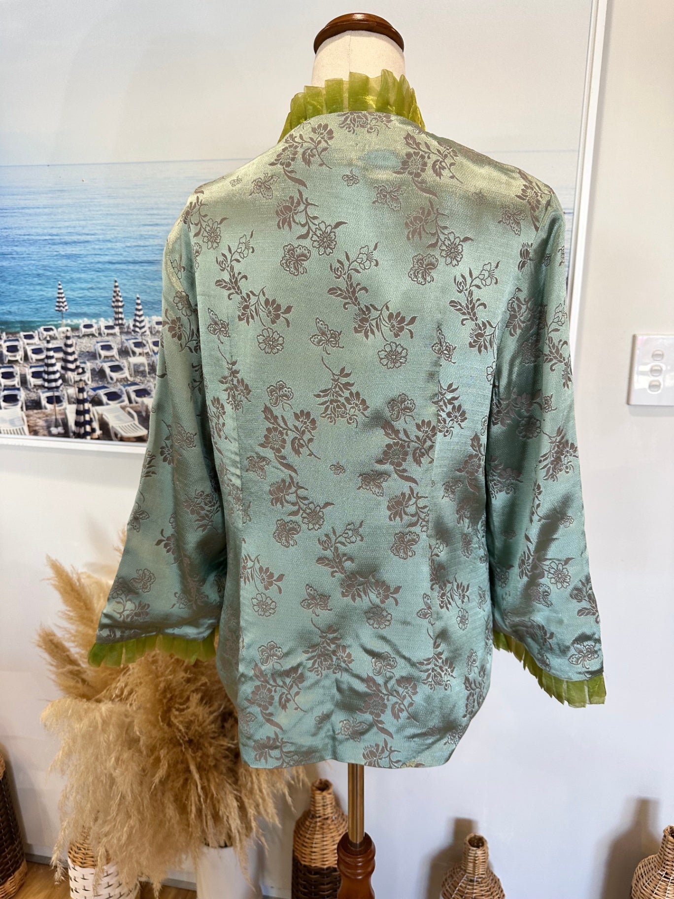 Asian Inspired Jacket - Large - Aqua w floral patterns