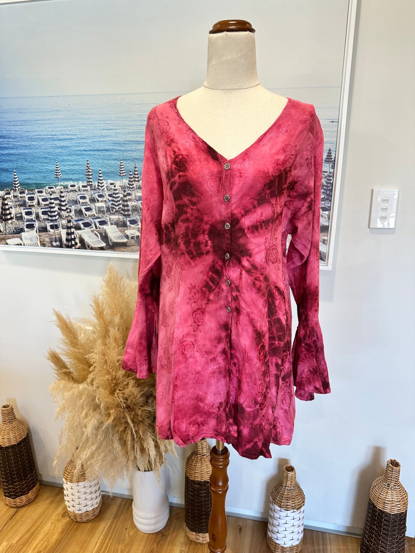 Pink with Tie-Dye Bohemian Blouse - Size Medium