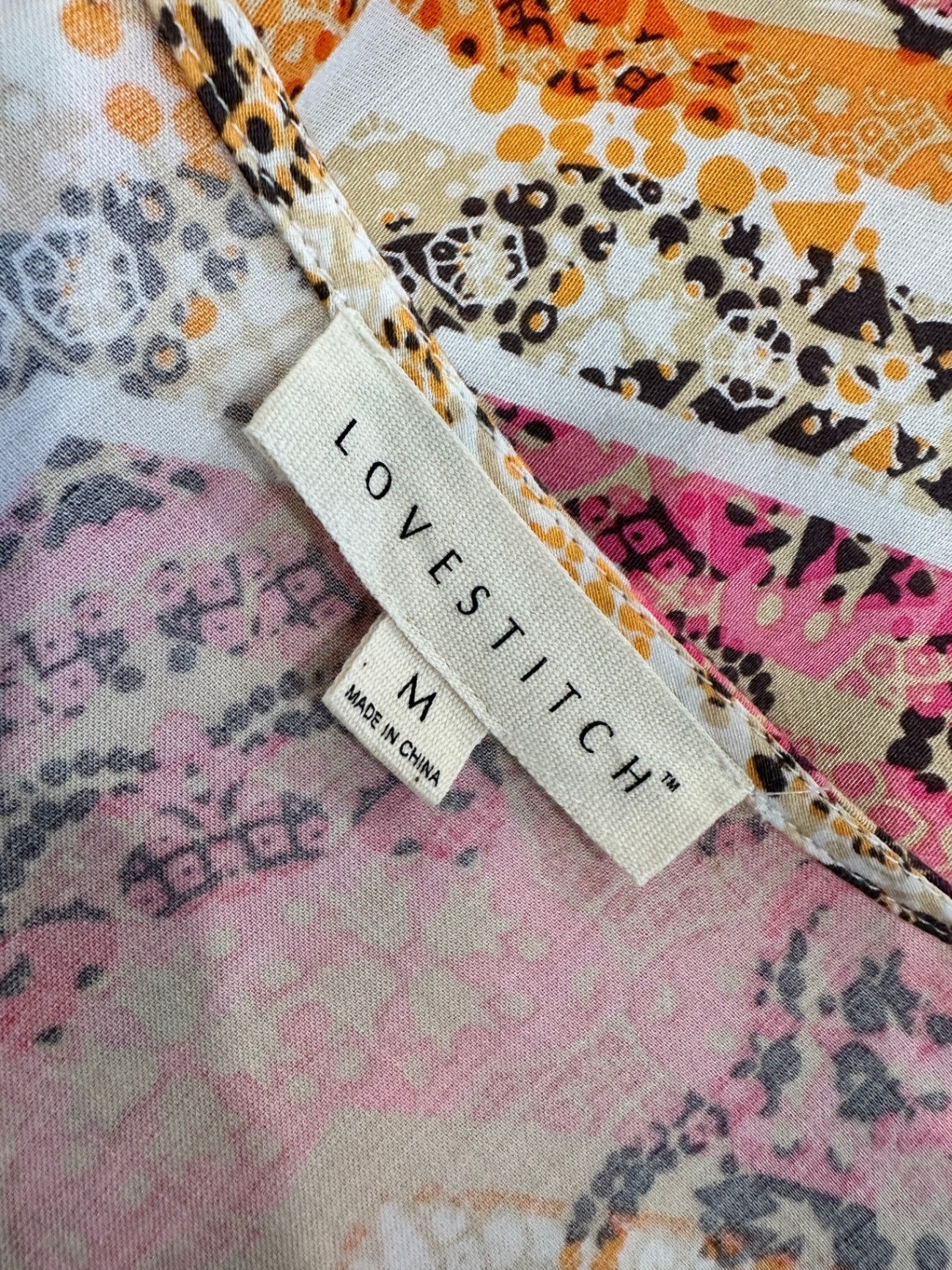 LoveStitch - Bohemian Blouse - Size Medium - Pink, orange, beige, and black patterns