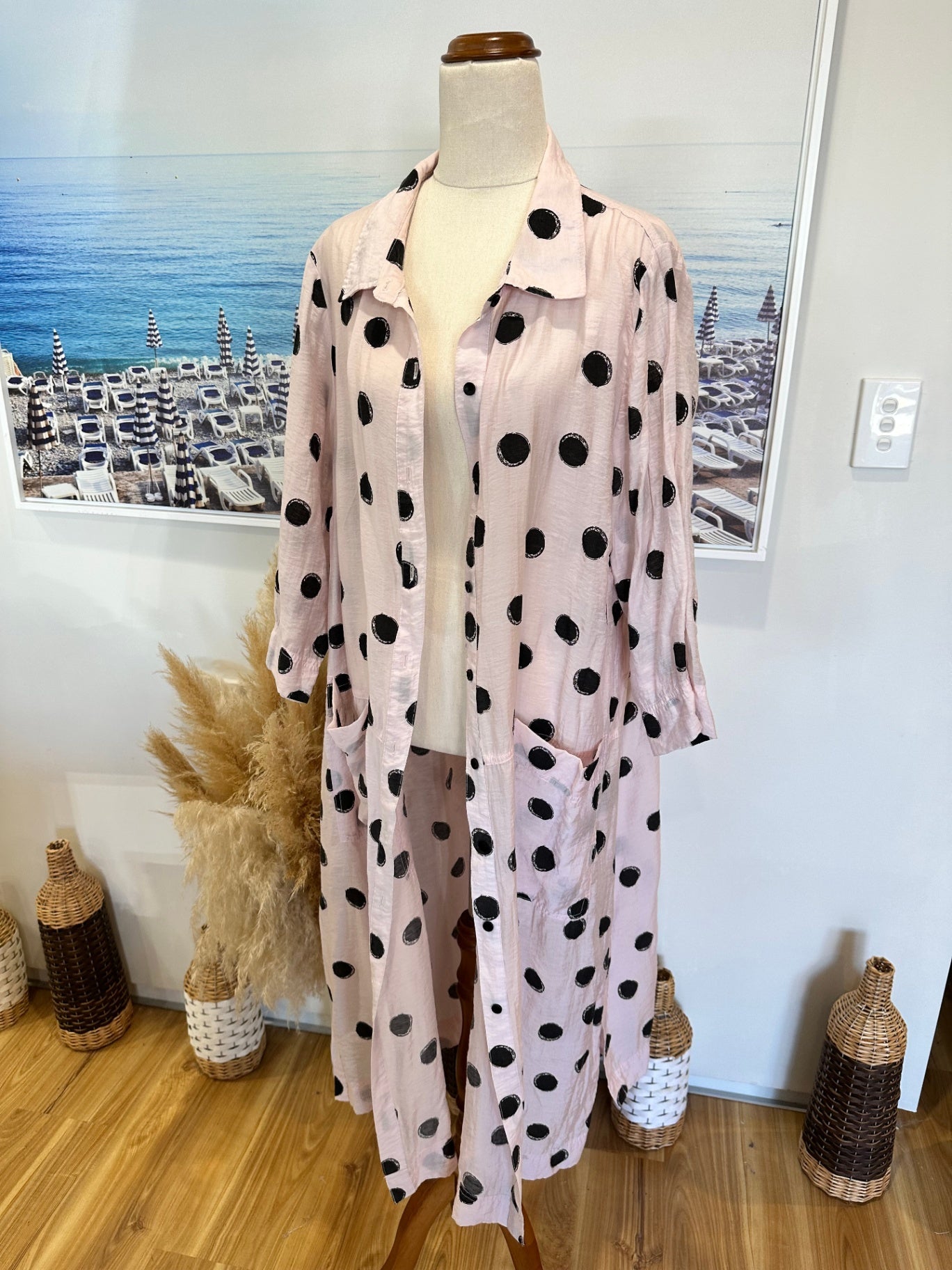 Longline Shirt / Duster Jacket - Medium / Large - Pink w Black dots