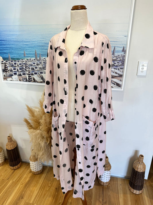 Longline Shirt / Duster Jacket - Medium / Large - Pink w Black dots