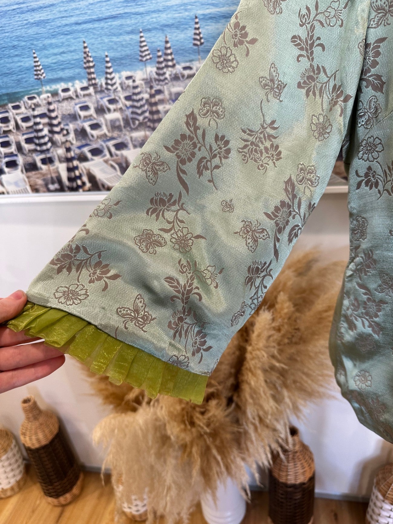 Asian Inspired Jacket - Large - Aqua w floral patterns