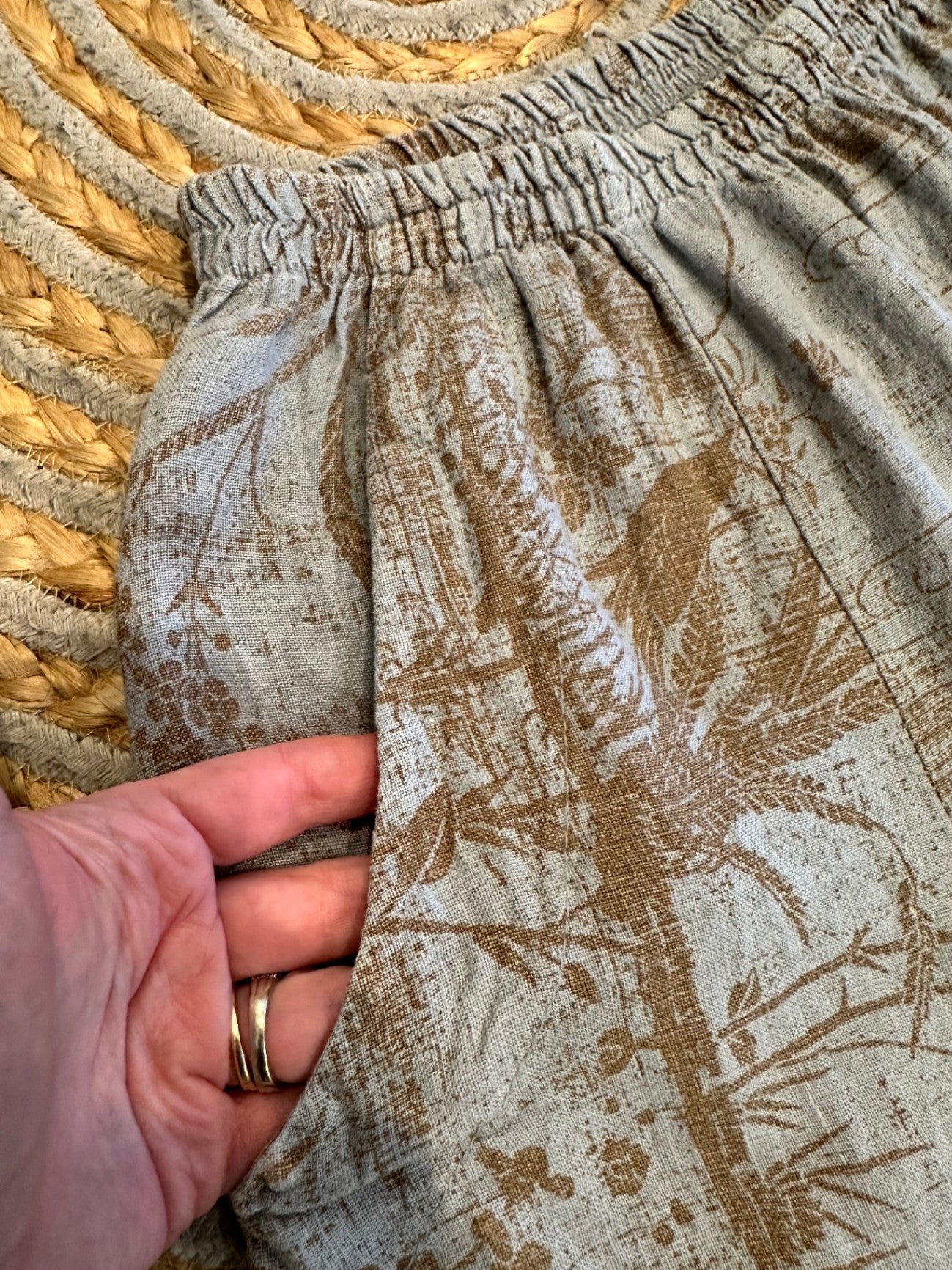 Linen Pants - Grey w Brown Print - Medium