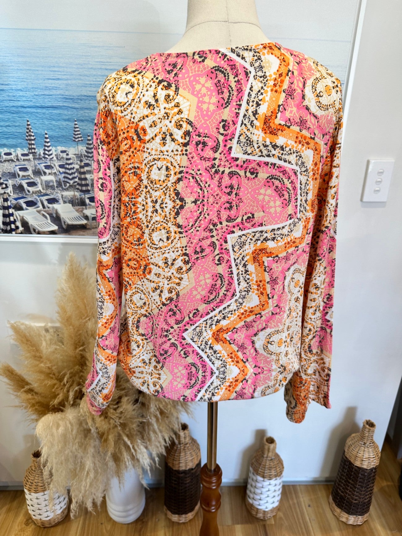 LoveStitch - Bohemian Blouse - Size Medium - Pink, orange, beige, and black patterns