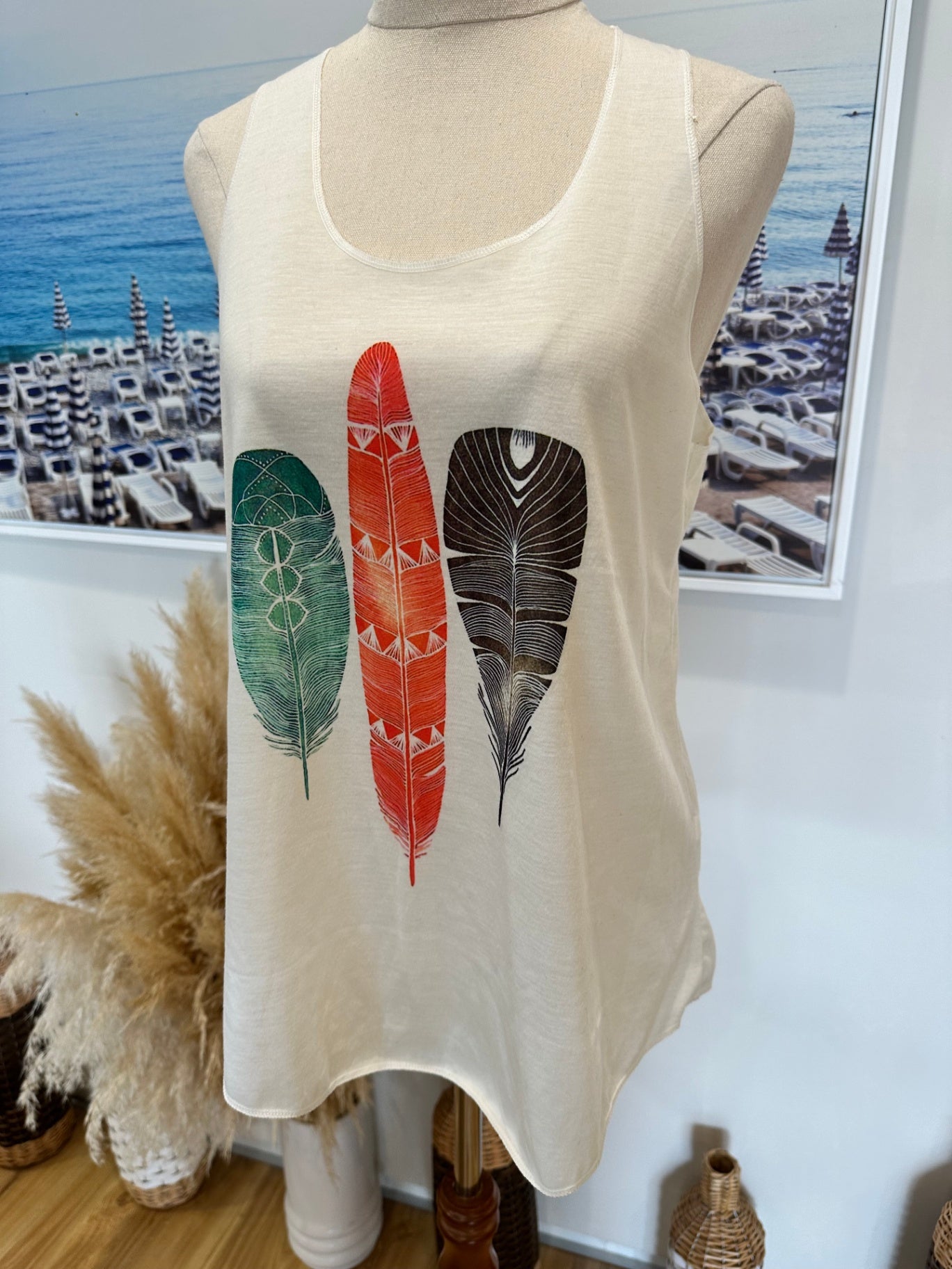 [SALE] Ula Beige Singlet Top Women’s Feather Detail Summer Tank Top Size Medium