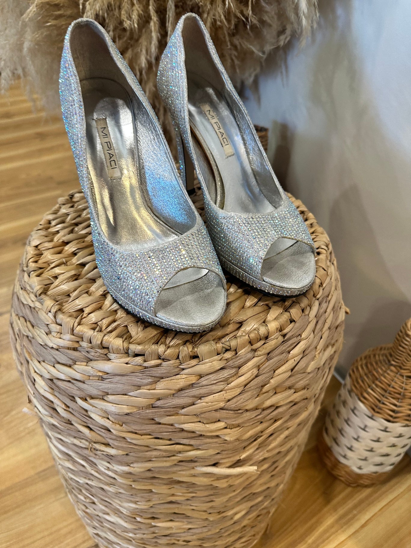 [SALE] Mi Piaci Silver Peep Toe Heels Elegant Designer Footwear Size EU 38