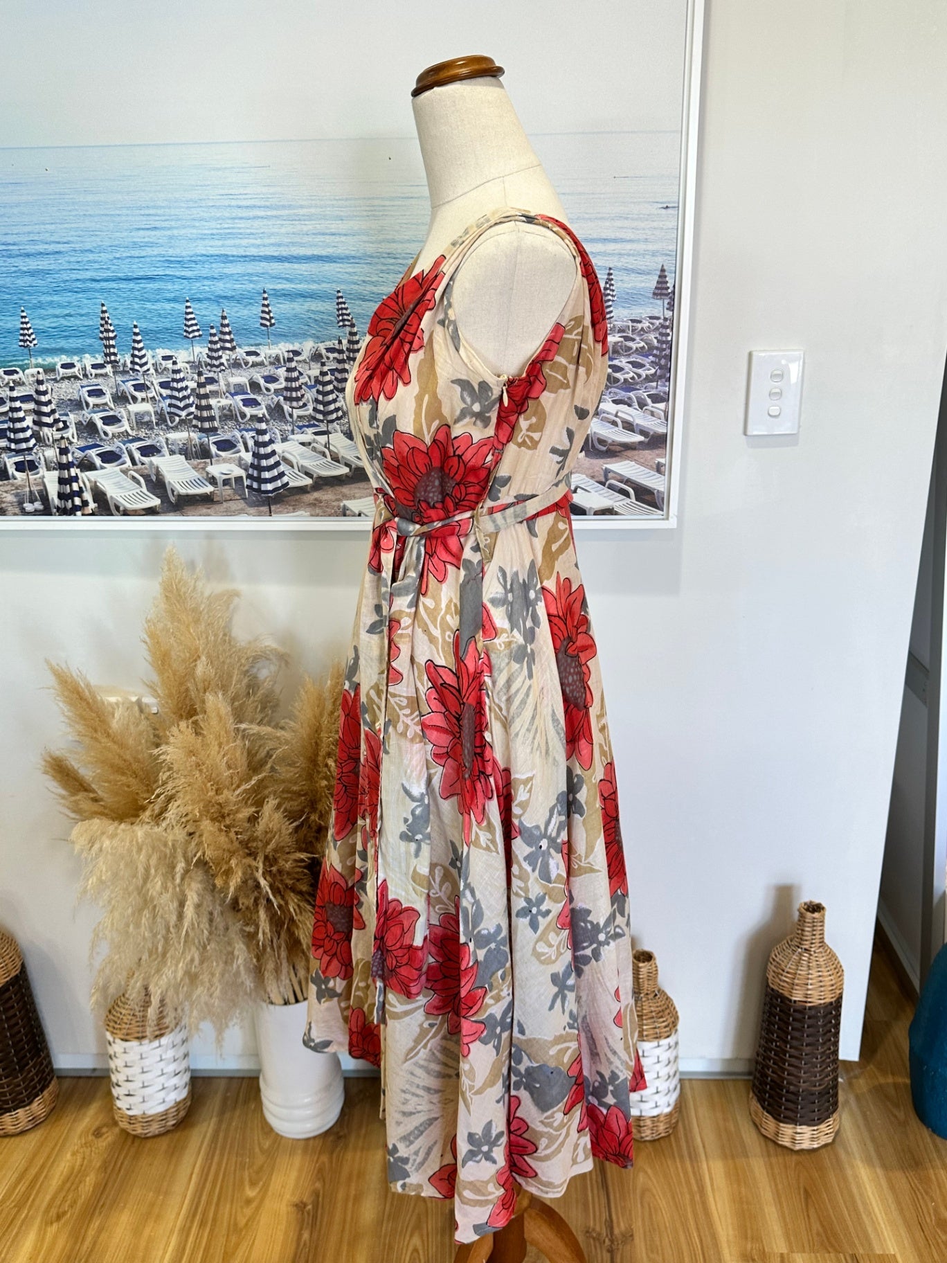 [SALE] Anmol Dress - Medium - Beige with red, grey, and brown floral pattern