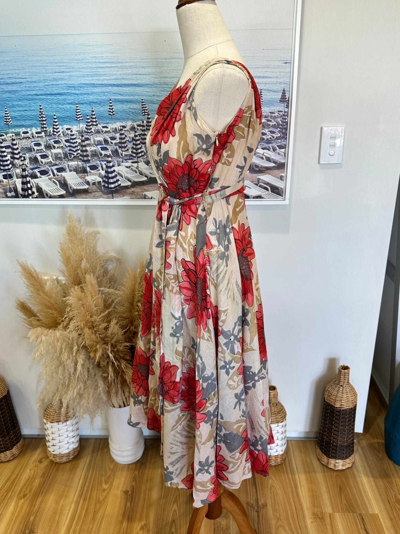 [SALE] Anmol Dress - Medium - Beige with red, grey, and brown floral pattern