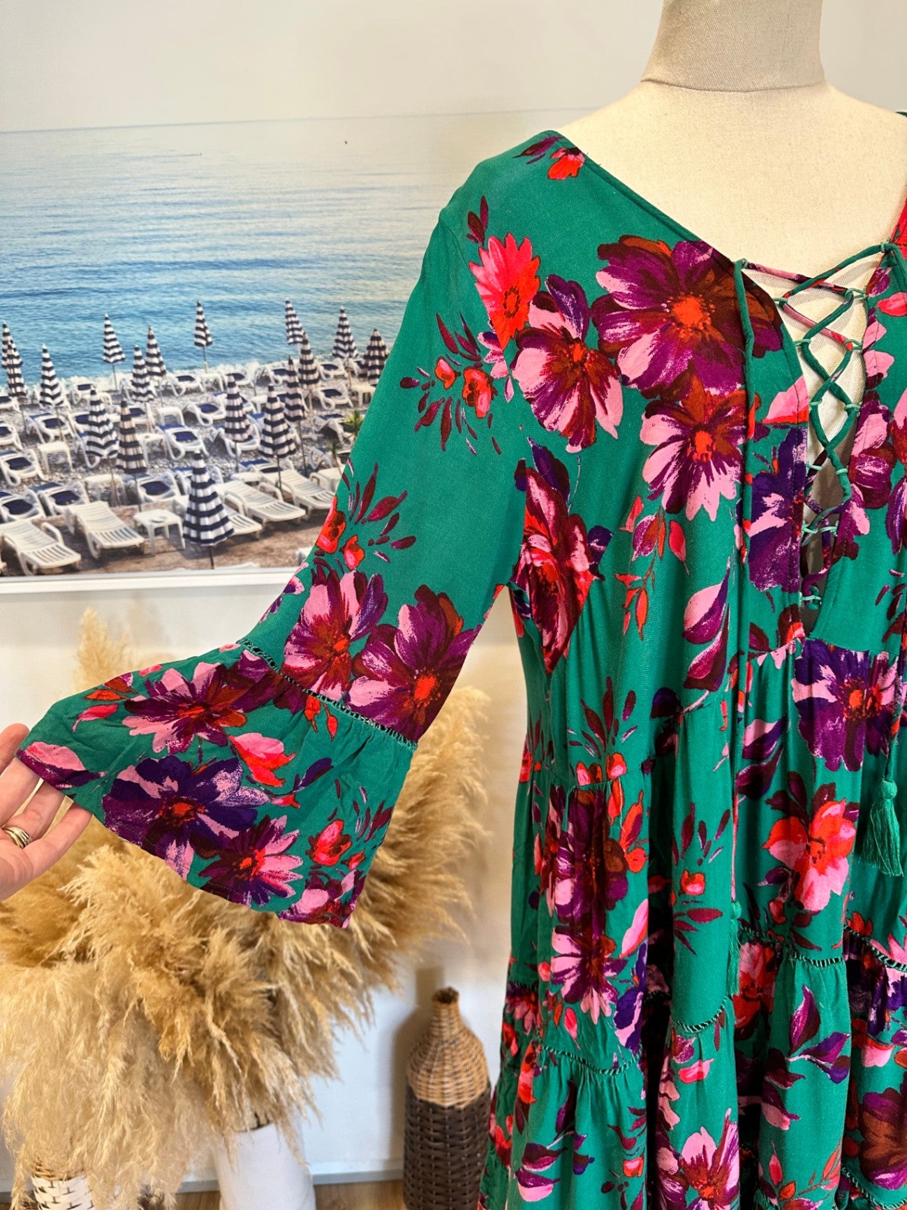 [SALE] Dreamcatcher Bohemian Dress Green Pink Floral Festival Summer Maxi Dress Size 14