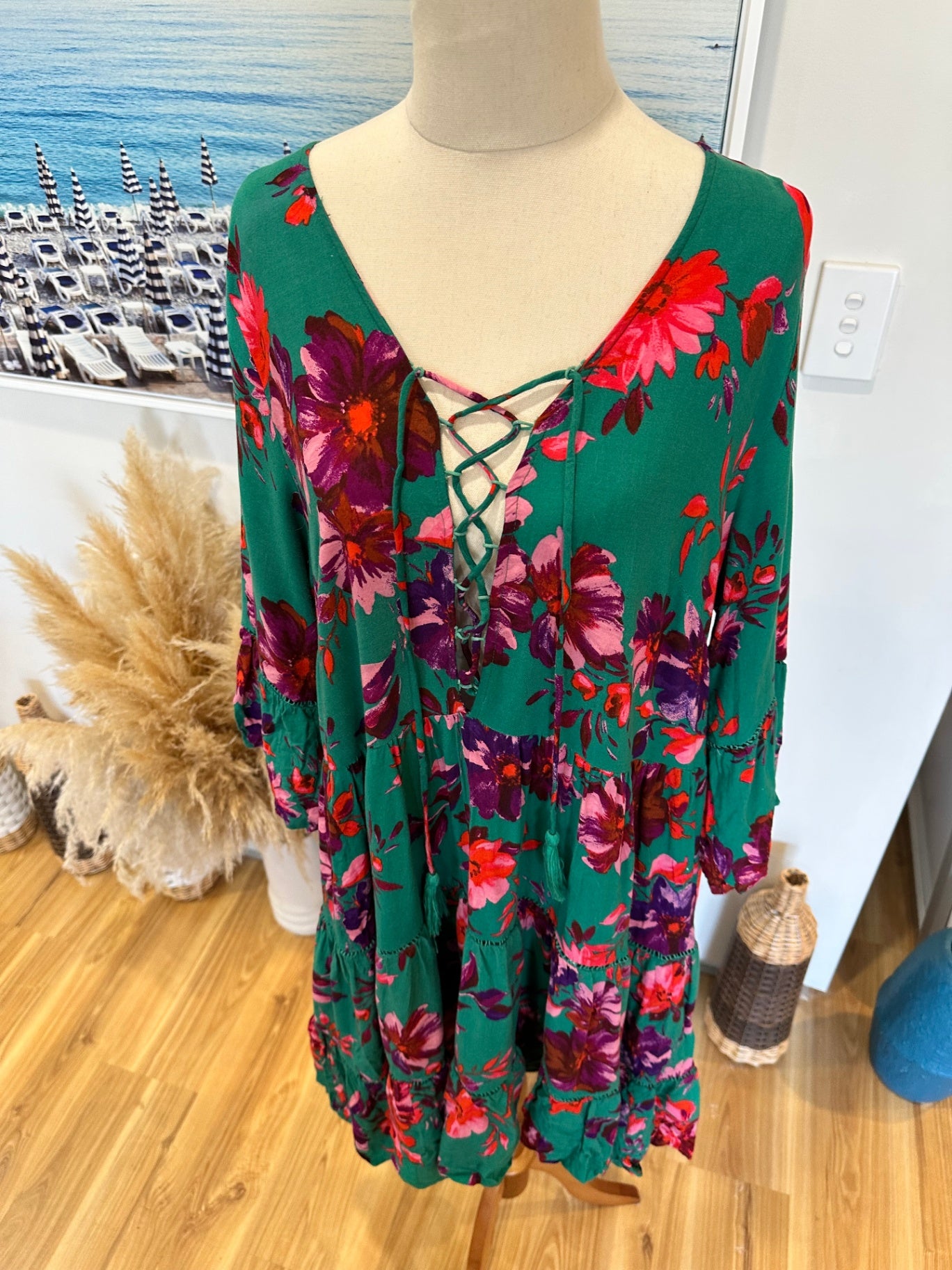 [SALE] Dreamcatcher Bohemian Dress Green Pink Floral Festival Summer Maxi Dress Size 14