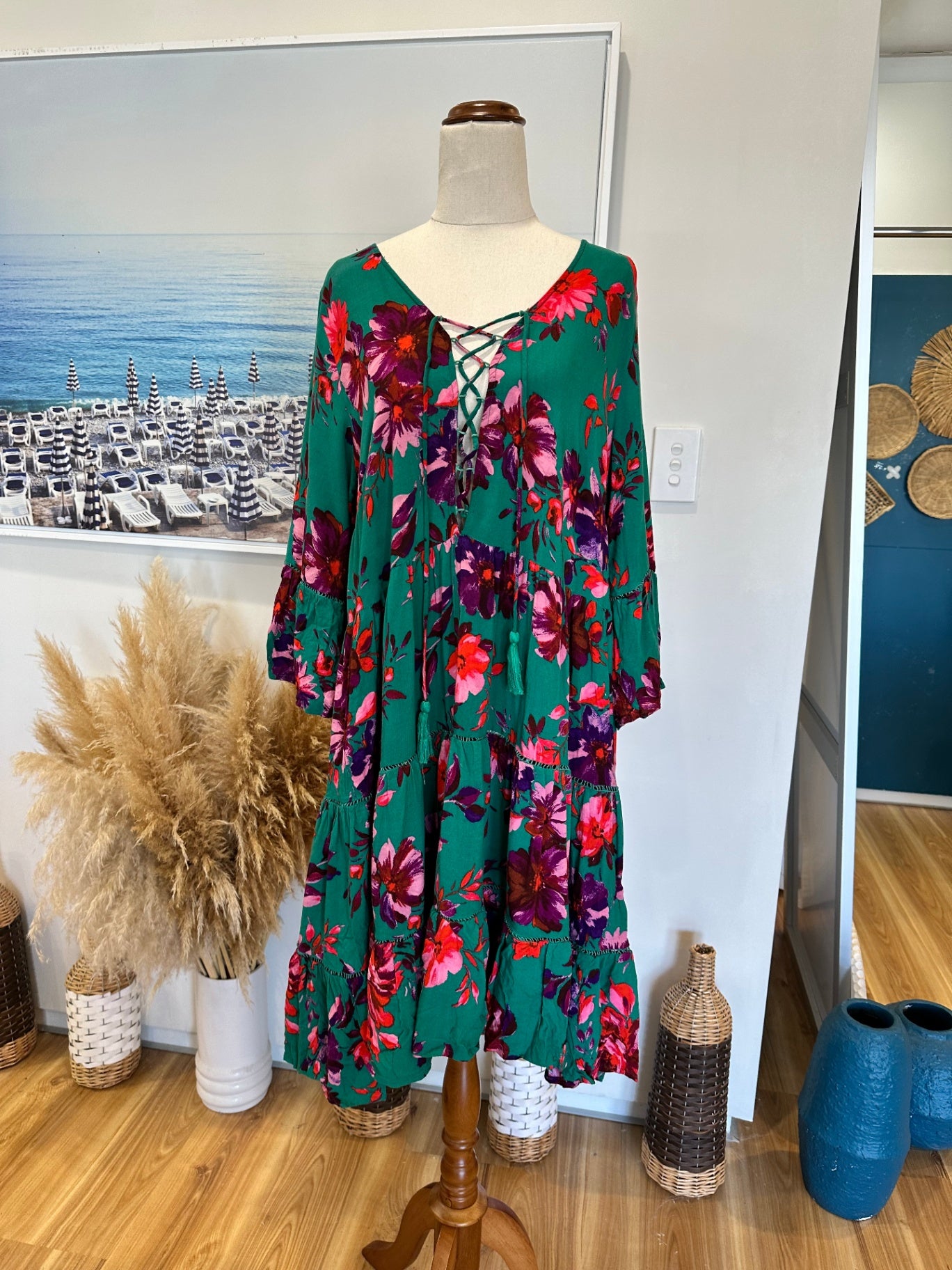 [SALE] Dreamcatcher Bohemian Dress Green Pink Floral Festival Summer Maxi Dress Size 14