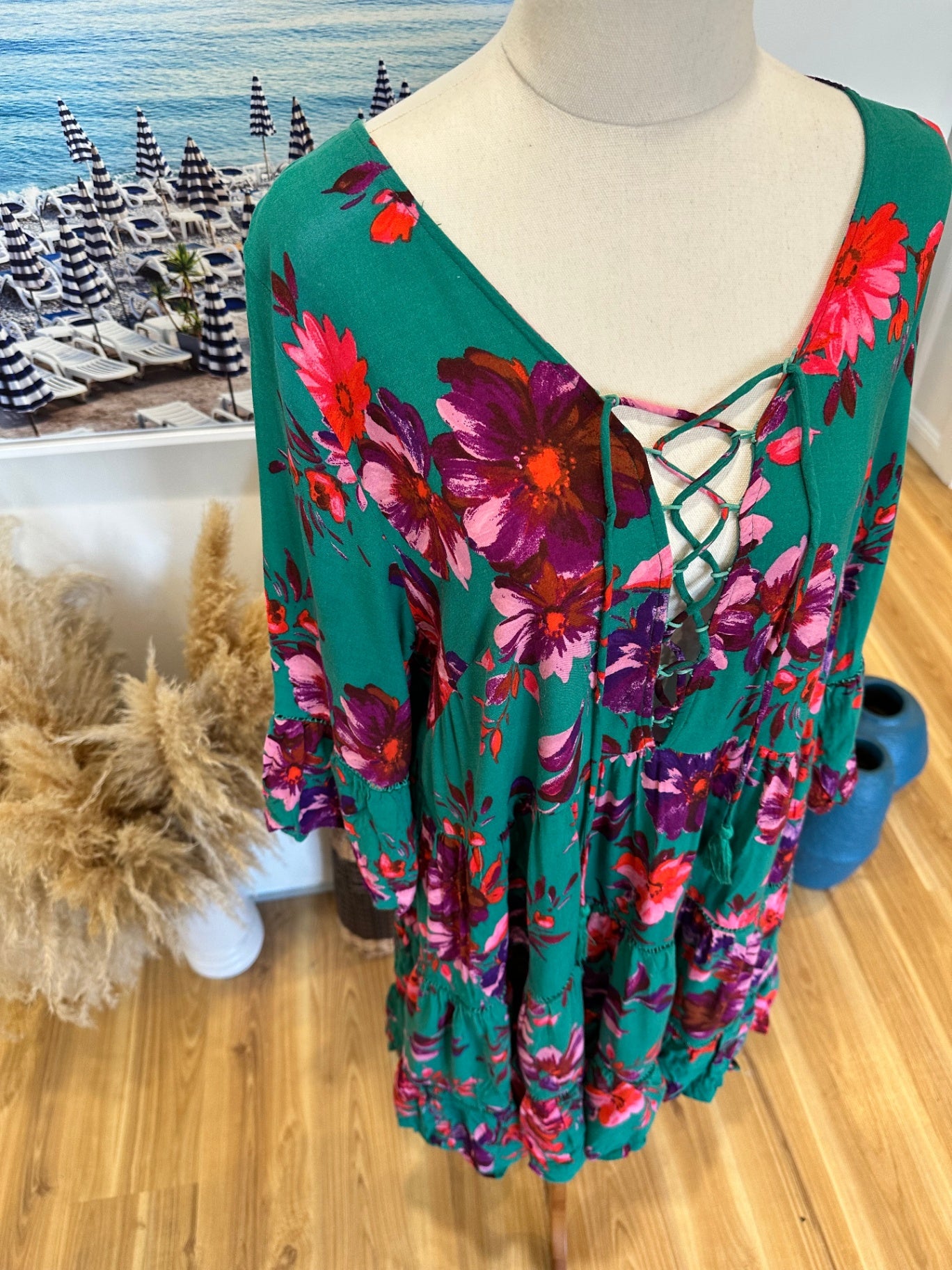 [SALE] Dreamcatcher Bohemian Dress Green Pink Floral Festival Summer Maxi Dress Size 14