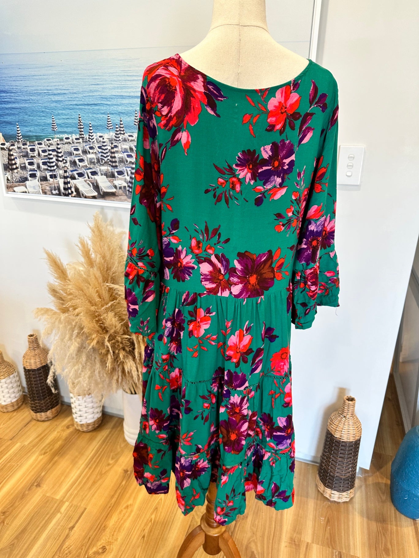 [SALE] Dreamcatcher Bohemian Dress Green Pink Floral Festival Summer Maxi Dress Size 14