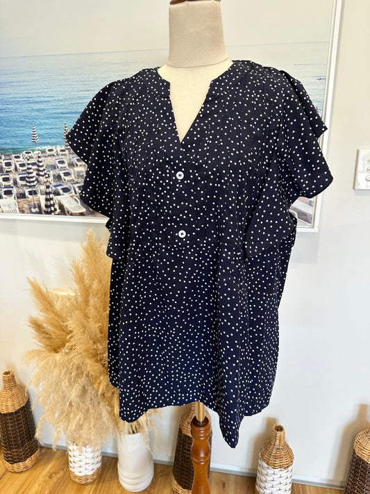 [SALE] Blouse - Large - Navy Blue w Dots