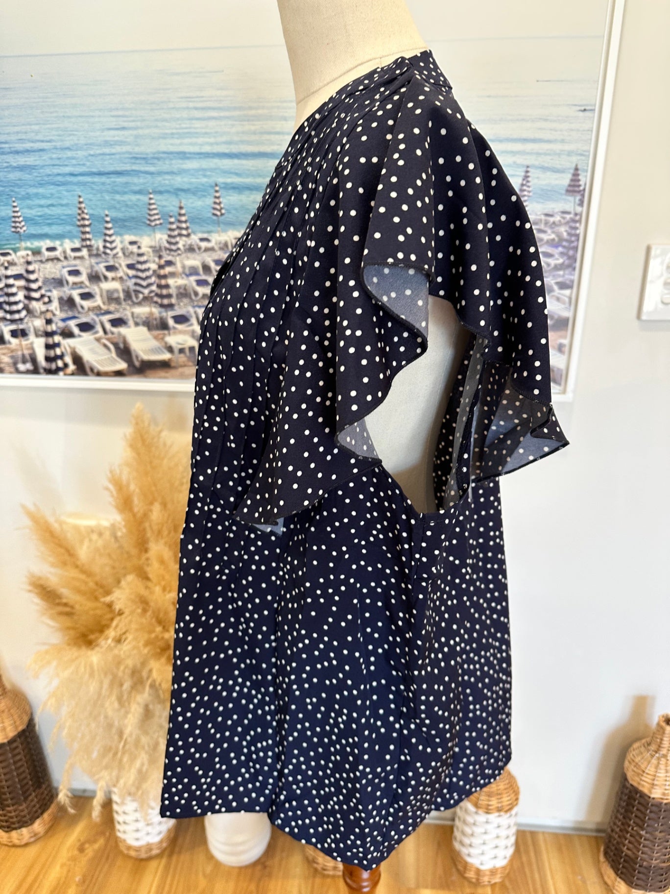 [SALE] Blouse - Large - Navy Blue w Dots