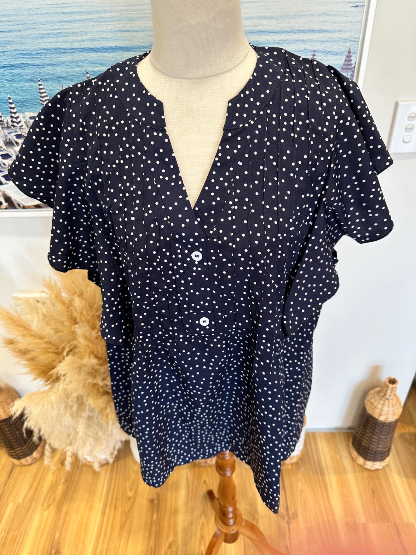 [SALE] Blouse - Large - Navy Blue w Dots