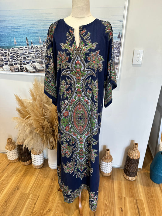Dress - Small / Medium Navy blue w Beige Boho Print [Some pilling]