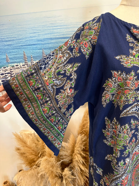 Dress - Small / Medium Navy blue w Beige Boho Print [Some pilling]