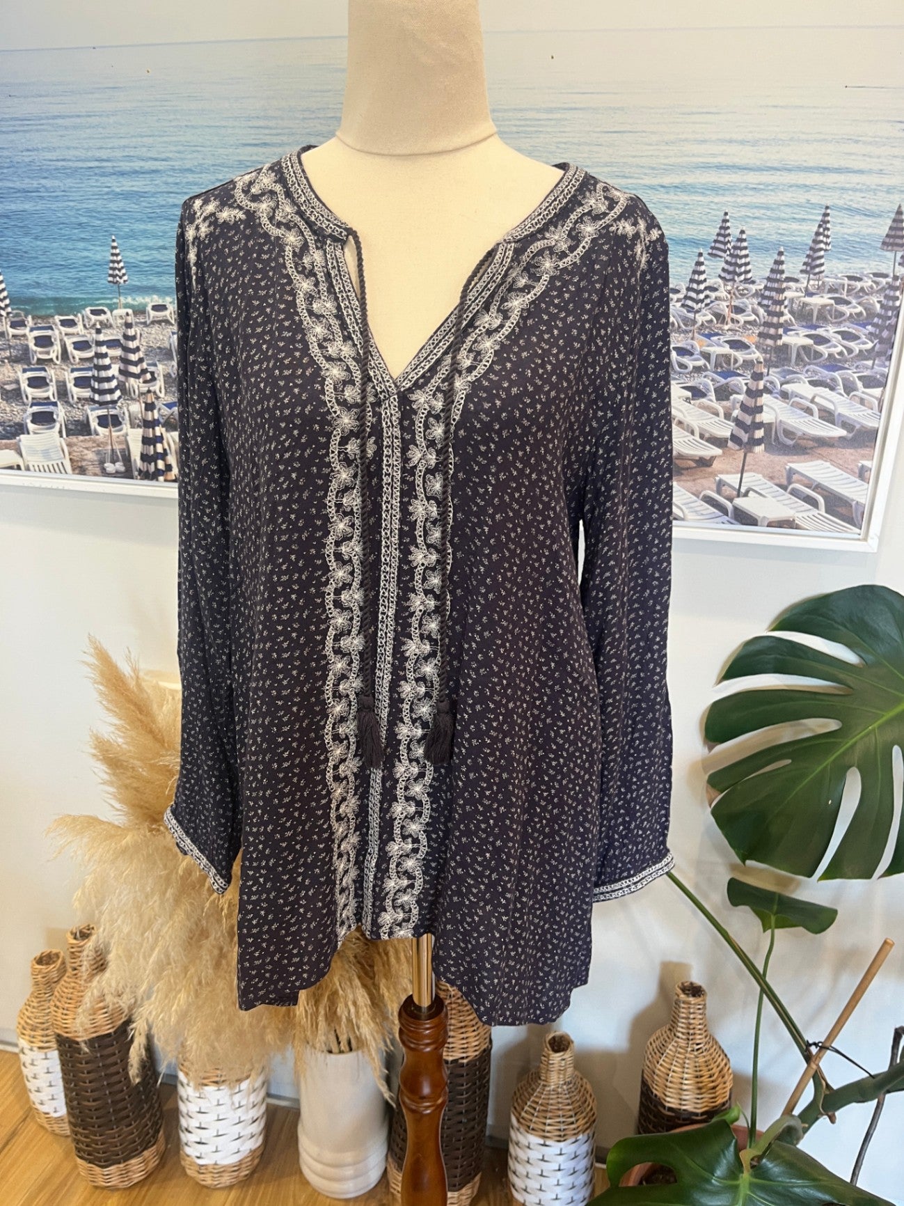 Fat Face Blouse Dark Grey Floral Size 12