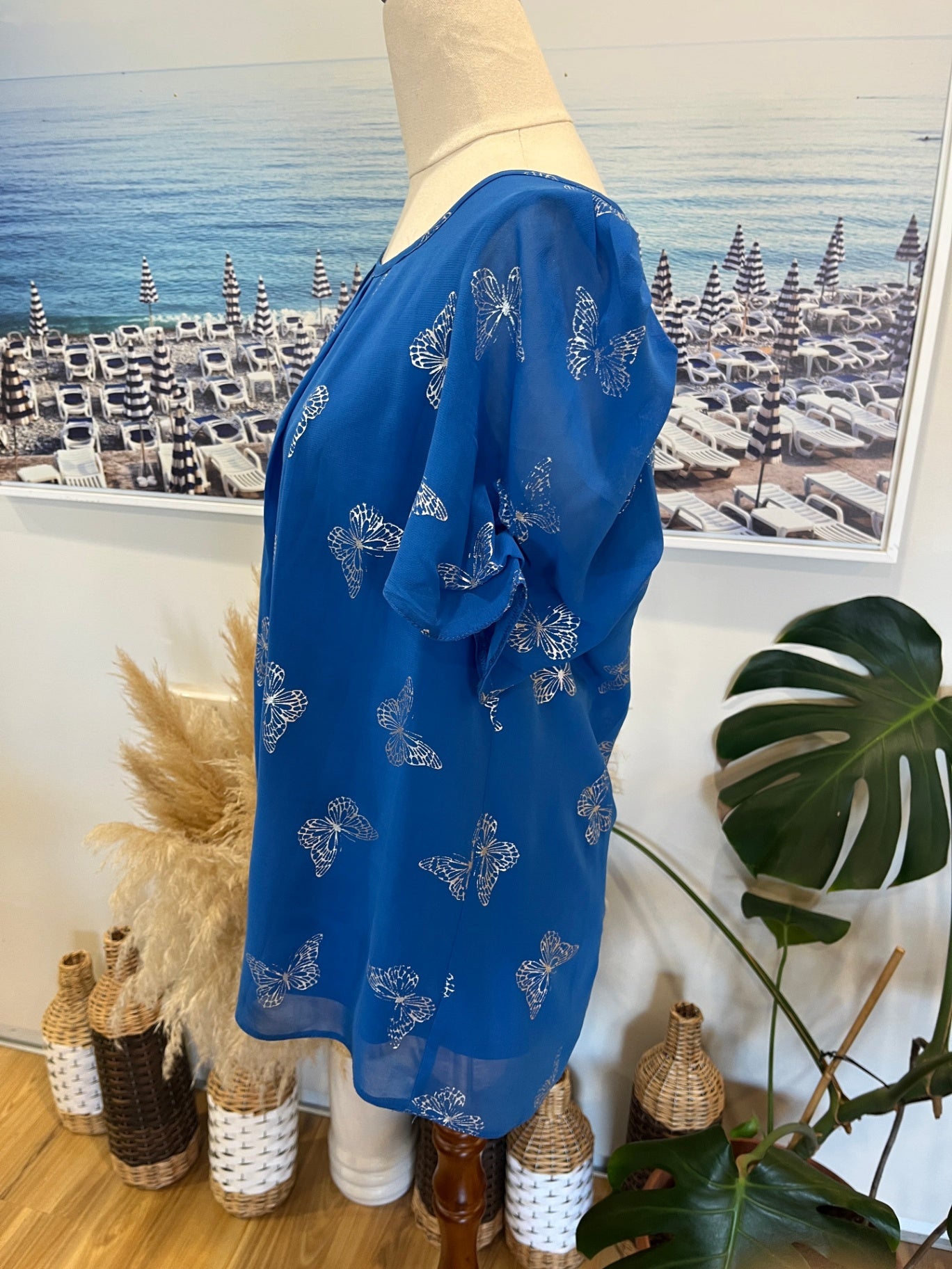 Wallis Blouse Blue with Butterfly Pattern Medium