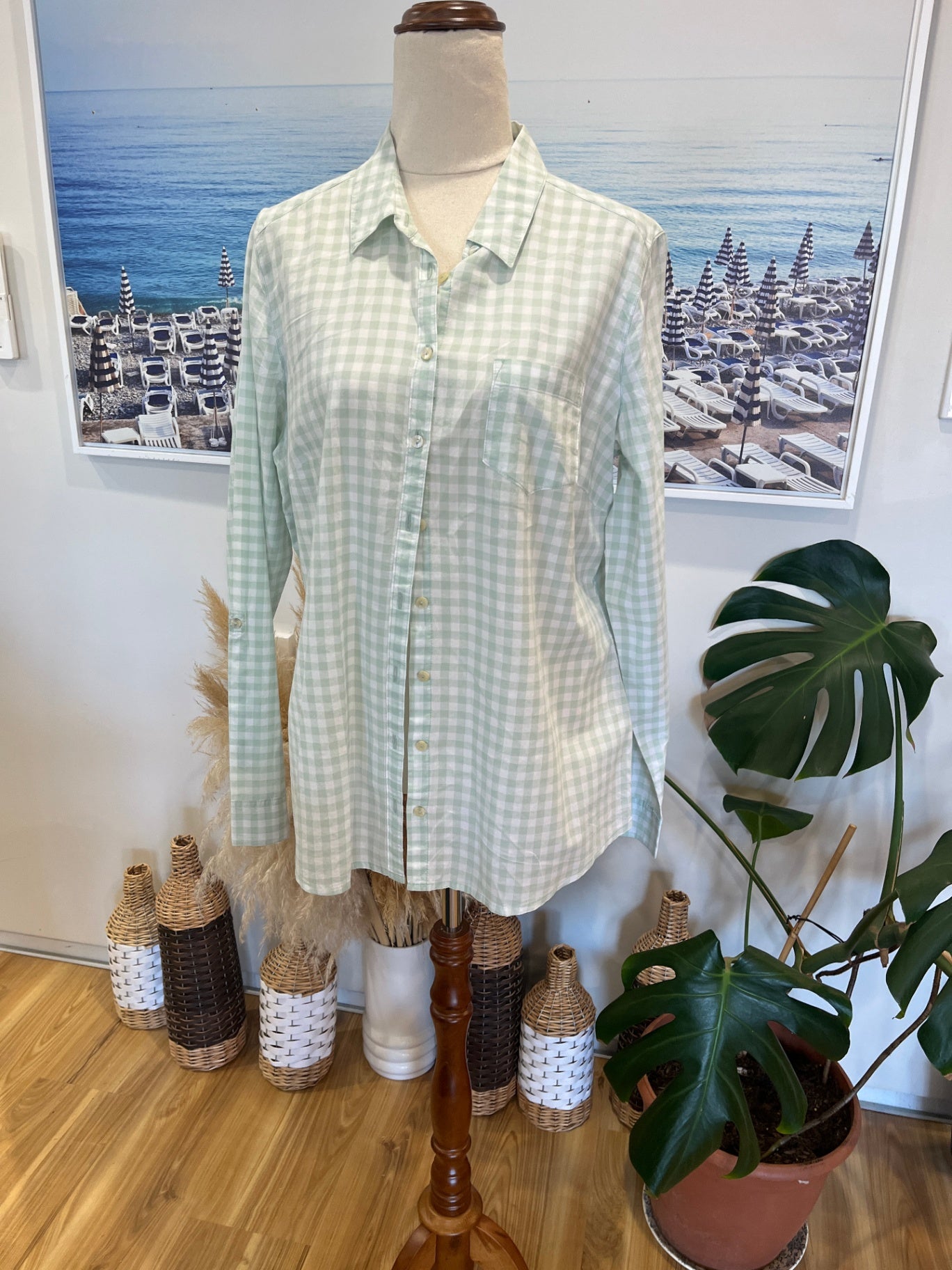 M&S Shirt Light Green Checkered Size 12